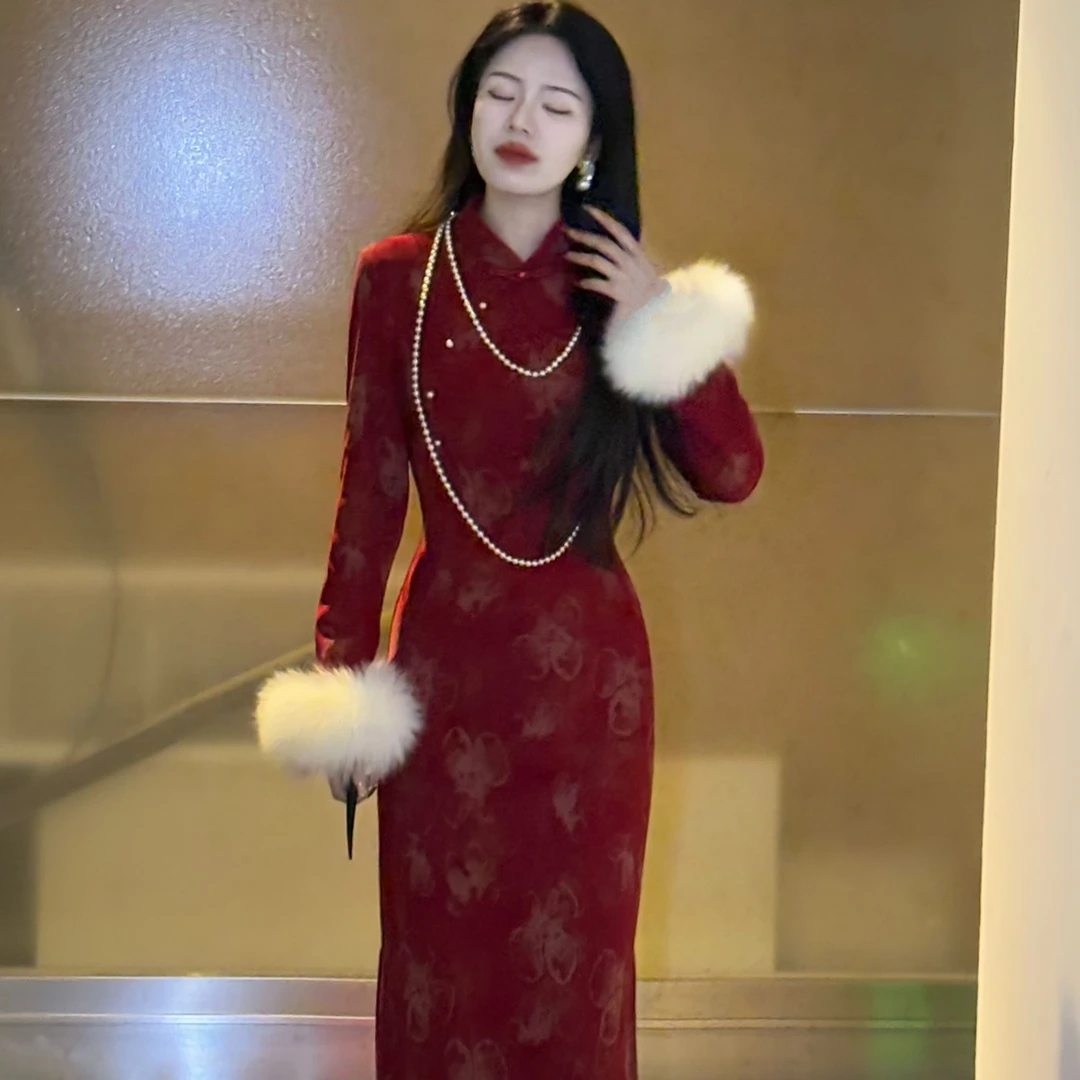 LHMknk1画报夫人原创自制高级秋冬烫金加绒旗袍连衣裙红颜贪杯