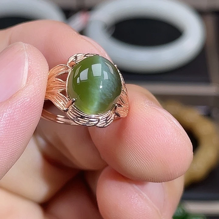 和田玉（碧玉）银S925镶嵌戒指（猫眼）