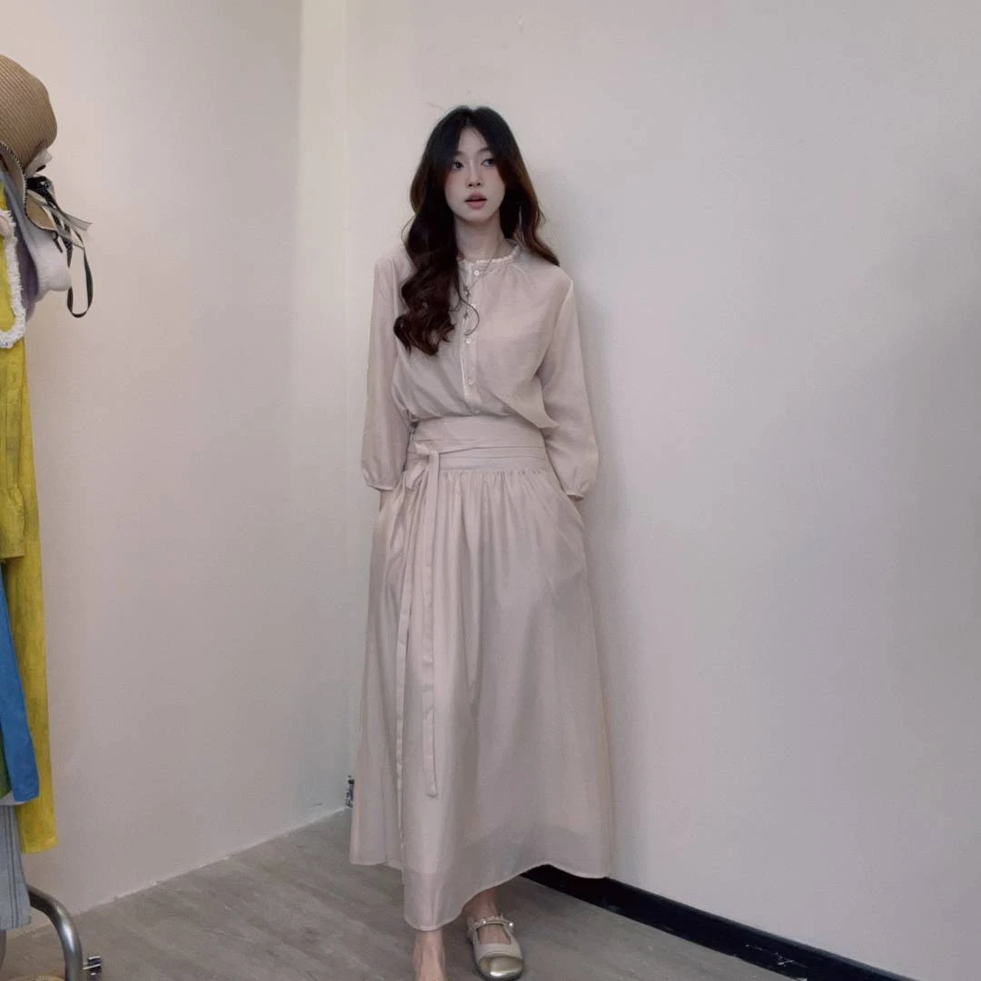 禅意茶歇风套装时尚简约衬衫连衣裙套装复古法式收腰气质温柔