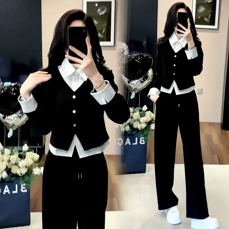 高含棉休闲减龄套装女2025年春秋新款设计感假两件上衣长裤两件套