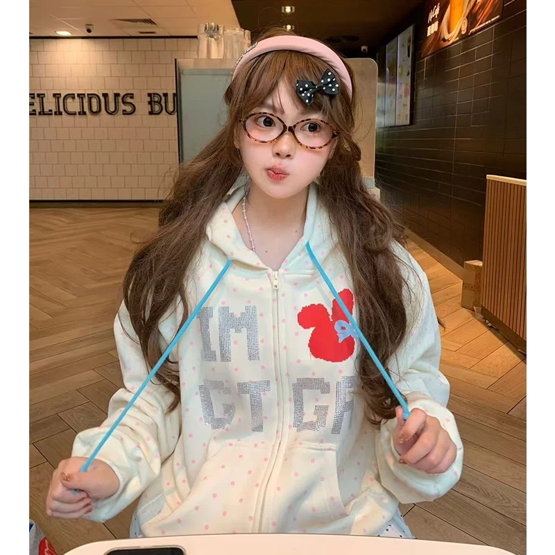 美式复古波点字母烫钻连帽开衫卫衣女秋冬季慵懒风帽衫外套#WY178