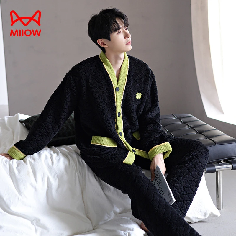 猫人经典睡衣男秋冬季加厚加绒长袖保暖珊瑚绒法兰绒家居服春秋款