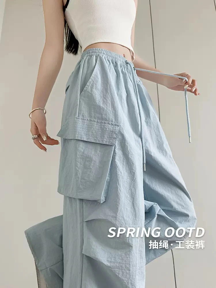 美式伞兵工装裤女夏季薄款高腰直筒运动裤户外显瘦口袋速干阔腿裤