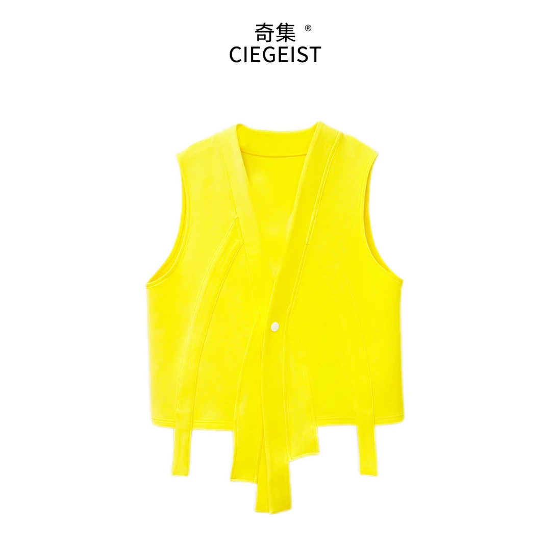 有米2025春装不规则拼接长飘带设计时尚气质马甲廓形慵懒风7012