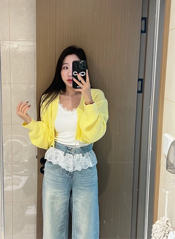 【米朵家】时尚高腰蕾丝拼接牛仔阔腿裤