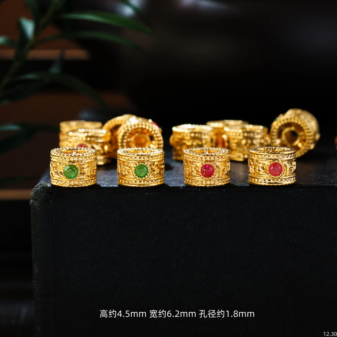 【金豆工厂】18K金红绿宝六字真言车轮卡环隔珠桶珠（厚5D金）H