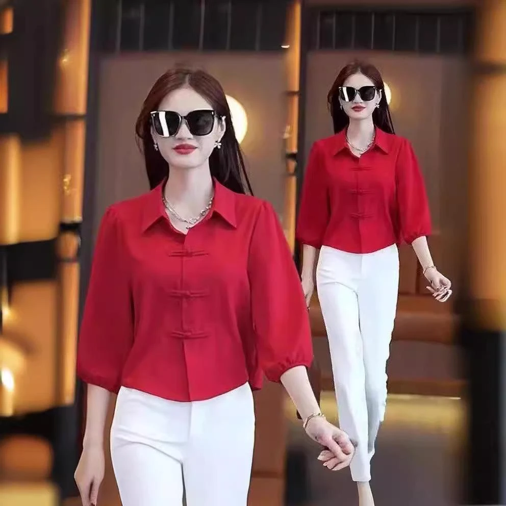 时尚中国风春装衬衫宽松显瘦百搭衬衣气质七分袖遮肚子盘扣上衣女