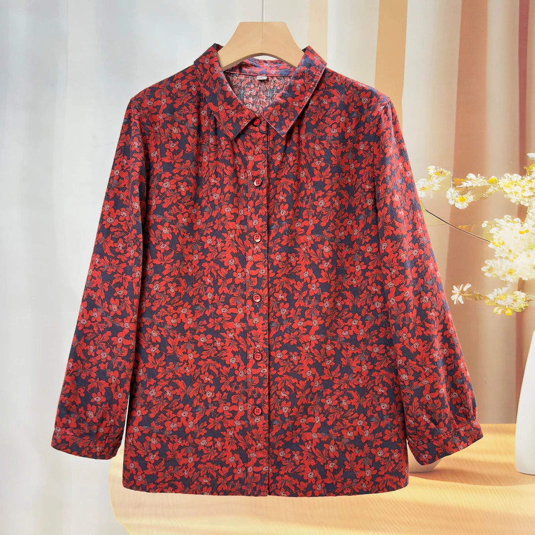 妈妈秋装长袖衬衫100%纯棉太太全棉上衣60岁70中老年人女奶奶衬衣