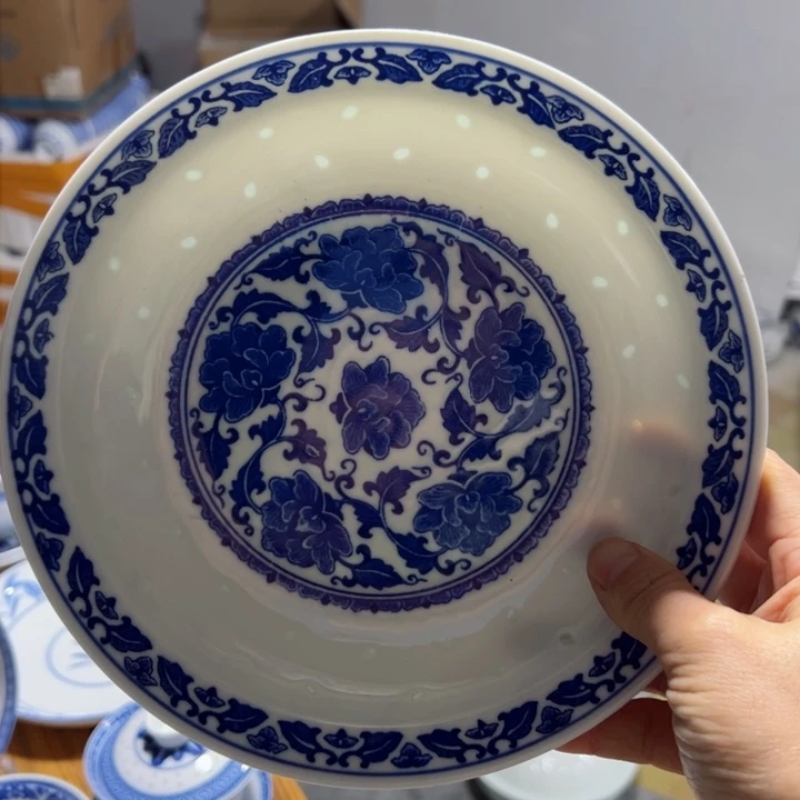 碗青花玲珑8寸牡丹盘子