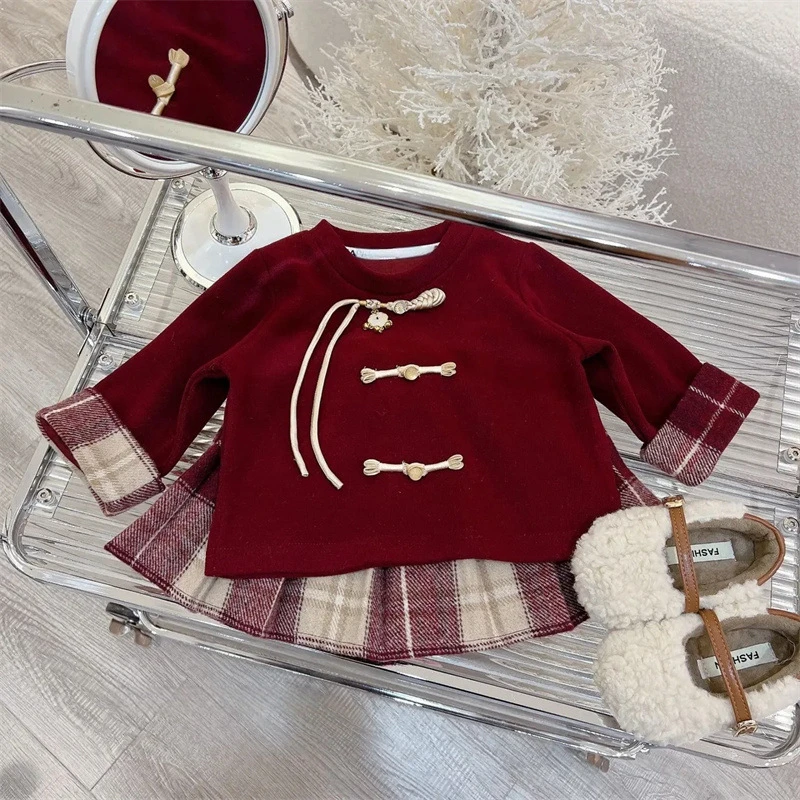 8K034拜年服套装安哥拉红冬女宝宝新年加绒时尚中国风旗袍裙套装