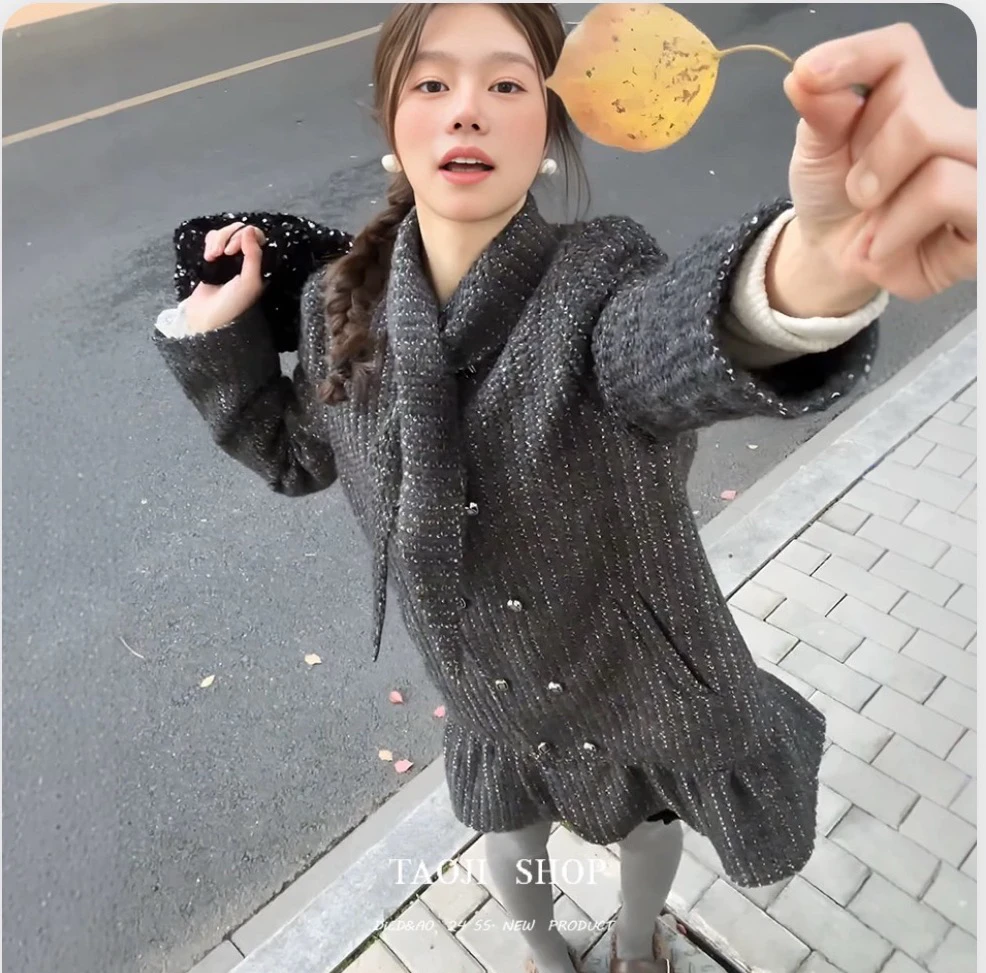 毛呢交叉领小香风名媛气质加厚a字连衣裙秋冬季