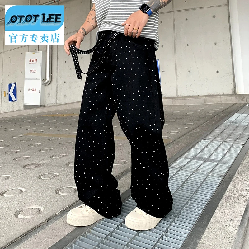 OTOT LEE牛仔裤潮流宽松运动男薄款拉链长裤满天星烫钻直筒阔腿裤