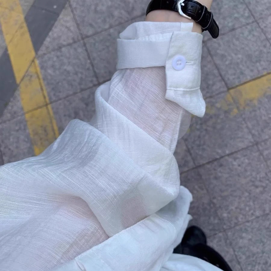 白色轻薄款防紫外线衬衫女装新款宽松慵懒风衬衣休闲中式白衬衣