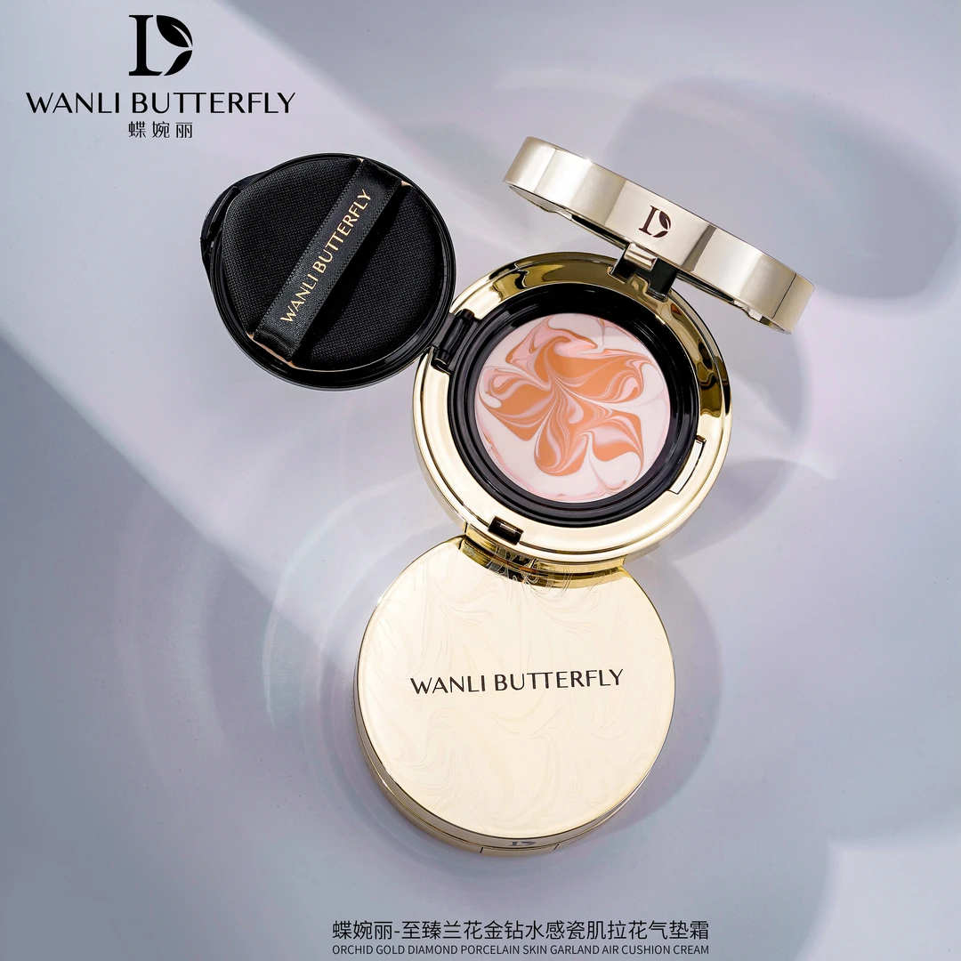 蝶婉丽至臻兰花气垫持久控油轻薄遮瑕不卡粉水感瓷肌拉花气垫霜