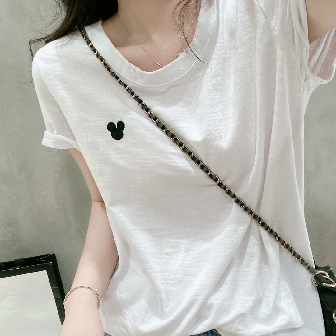 清冷系衣服圆领刺绣竹节棉粉色短袖T恤女装2025夏天宽松显瘦正肩