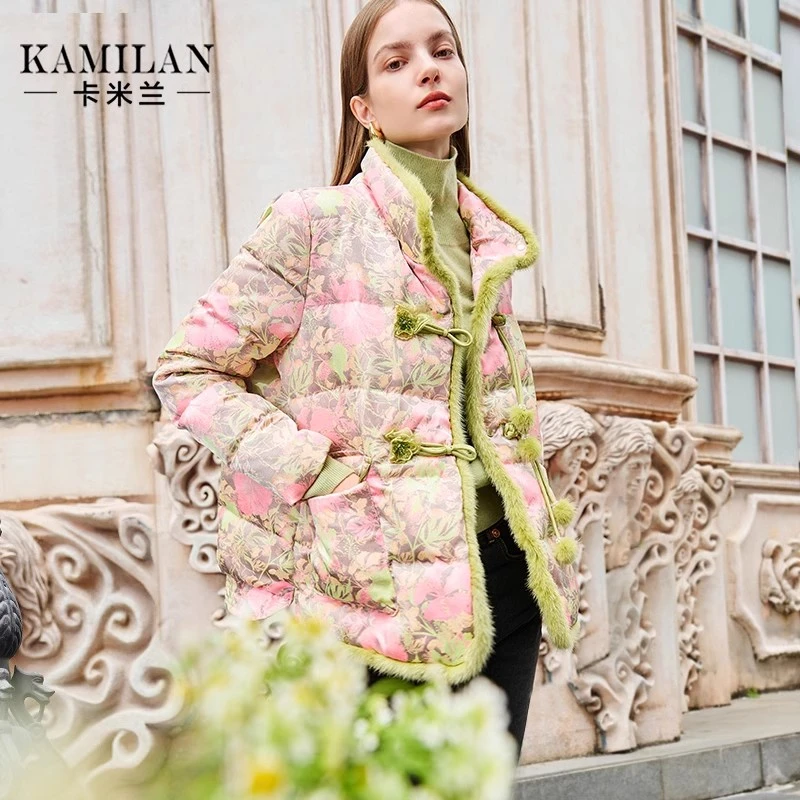 卡米兰新中式水貂毛领拼接羽绒服女2023冬季新款短款保暖羽绒外套