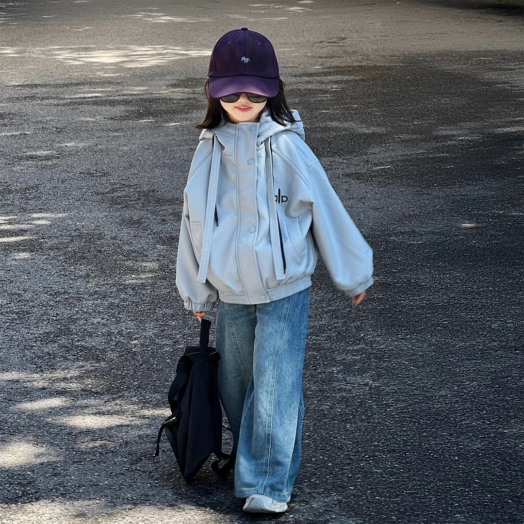 韩版春秋女童套装2025新款小女孩洋气皮衣外套儿童时髦牛仔阔腿裤