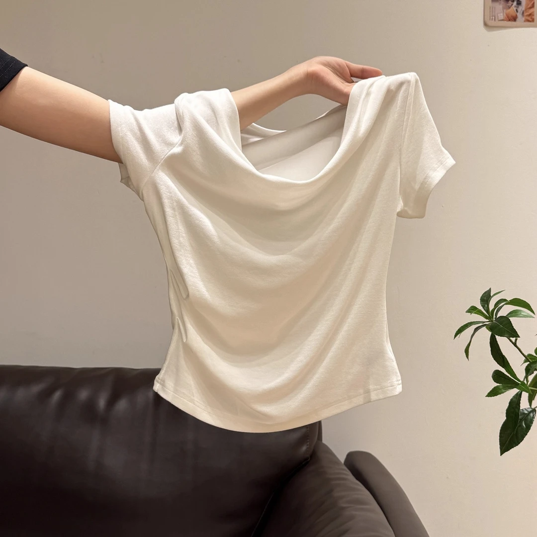 白色一字荡领抽褶短袖T恤女2025夏季新款小众不撞款修身显瘦上衣