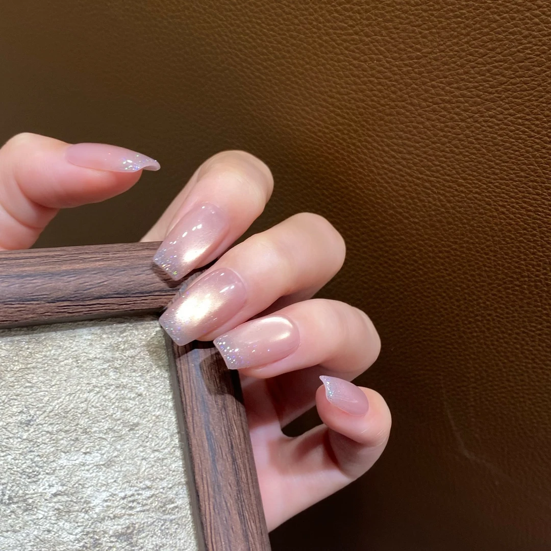 JDD【锦墨风华】裸色猫眼日常百搭细闪美甲手工穿戴甲片中长款显白