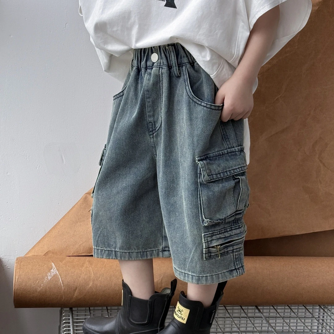 A.MU2025春夏款A.MU童装2025春季新品短裤儿童百搭帅气工装牛仔裤