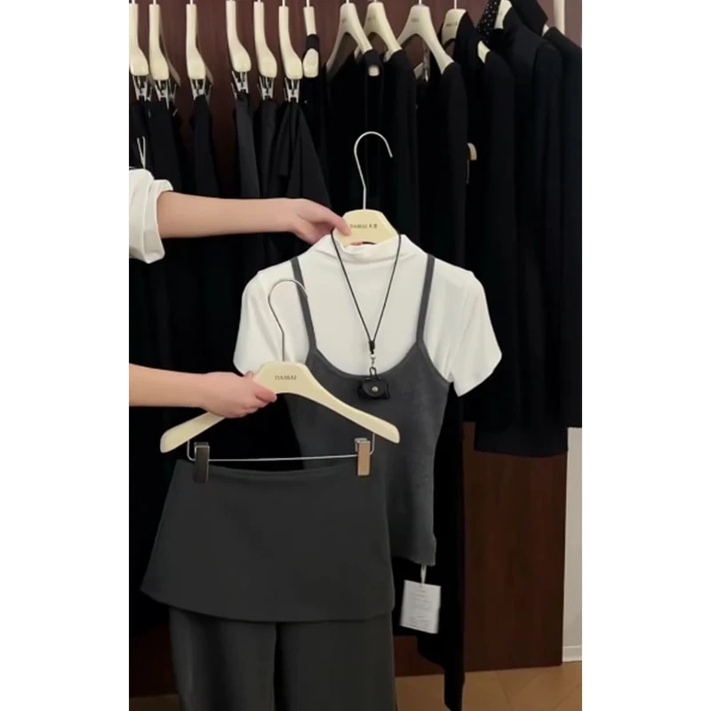 休闲风简约百搭打底T恤上衣叠穿吊带背心高腰显瘦休闲直筒长裤女