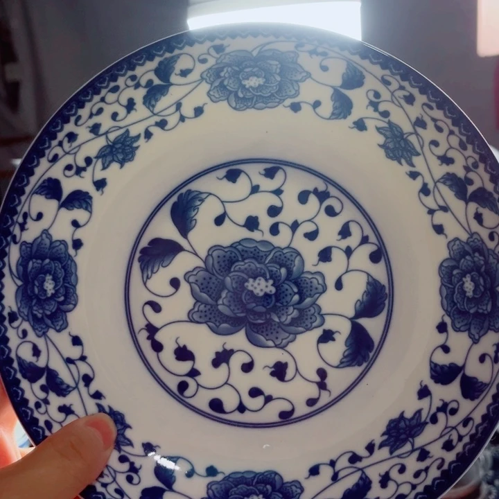 青花玲珑8寸窝盘芙蓉花