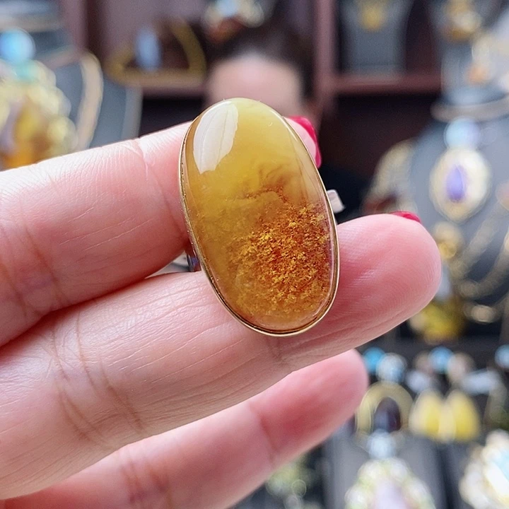 琥珀戒指银S925镶嵌戒指