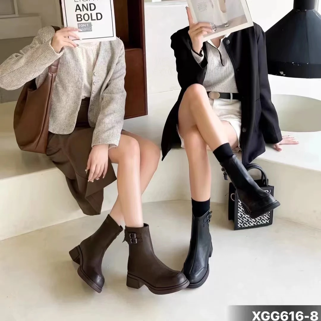 秋冬新款韩版通勤瘦瘦简约粗跟裸靴短靴616-8(加绒)