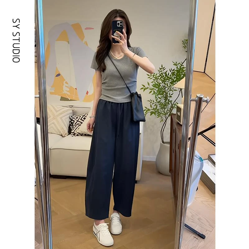 VOCKOO官方2025超火夏装一整套纯色正肩短袖T恤韩版高腰显瘦休闲