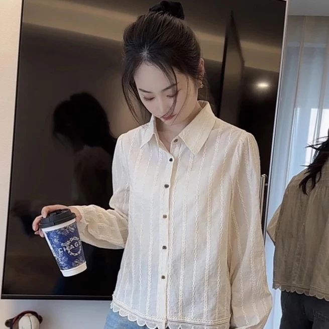 蕾丝花边条纹衬衫女春季2025新款韩版宽松高级感小个子衬衣上衣