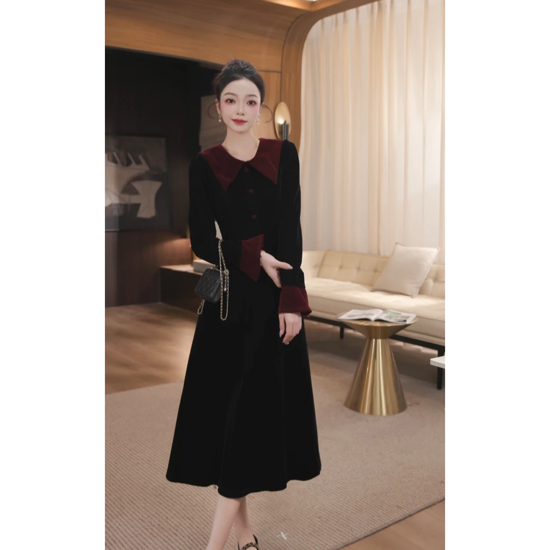 WWR 米粒-【丝绒奶芙】高腰红领拼接设计丝绒显瘦连衣裙女-BV611Q