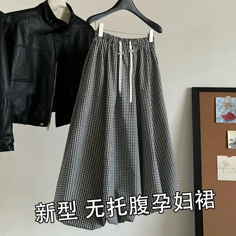 孕妇新款韩系格纹百搭显瘦花苞大码休闲高腰百搭复古宽松半身裙女