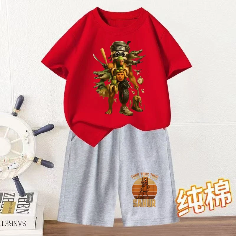 夏季新款通通哥木棍人抽象山海经短袖衣服男童两件套五分裤套装潮