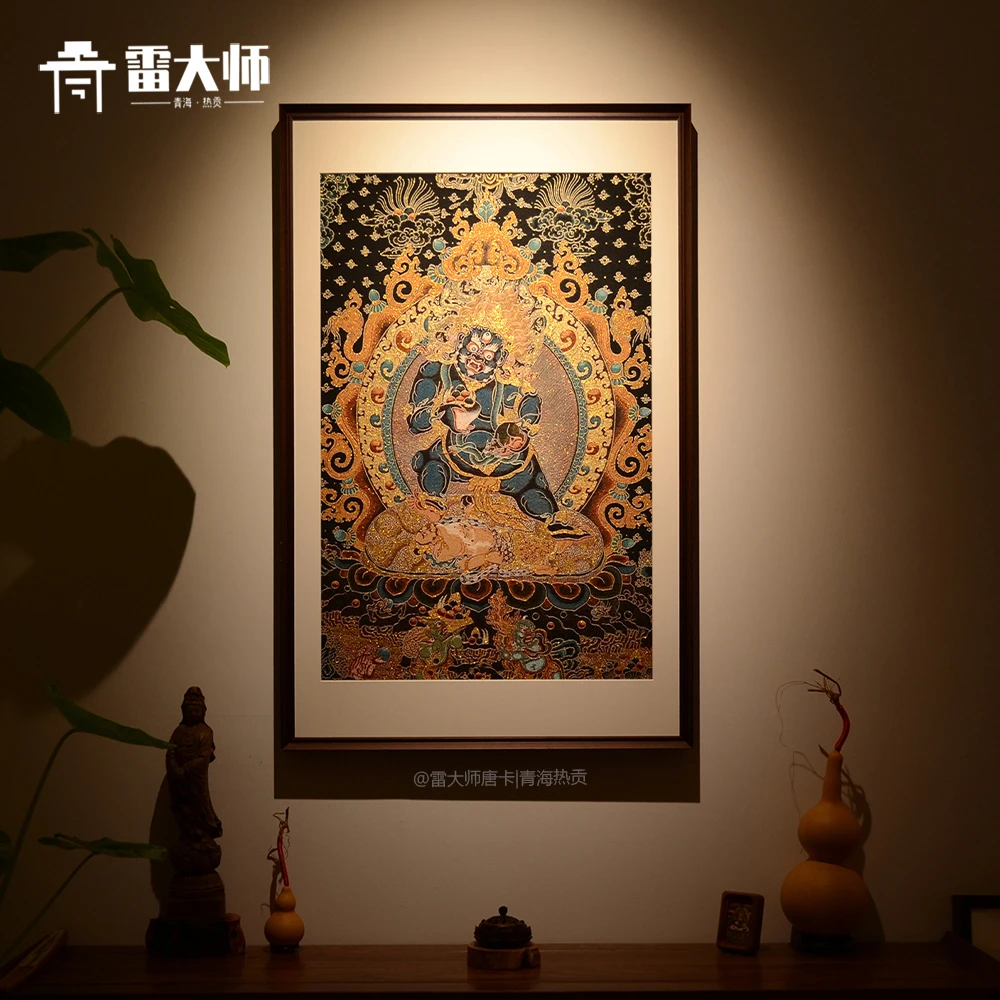 刺绣黑财神唐卡茶室玄关办公室装饰画客厅背景墙挂画沙发餐厅入户