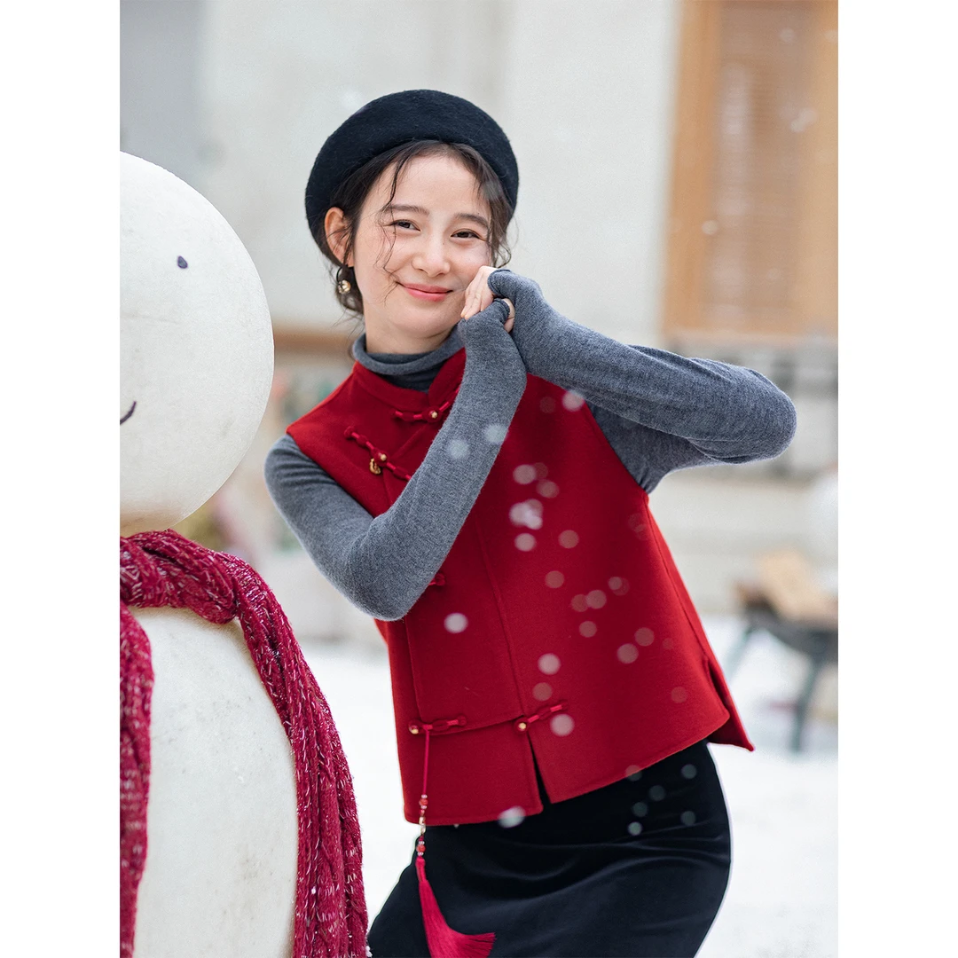 红念红色双面呢子马甲外套女短款冬季2025年新款女装气质冬装上衣