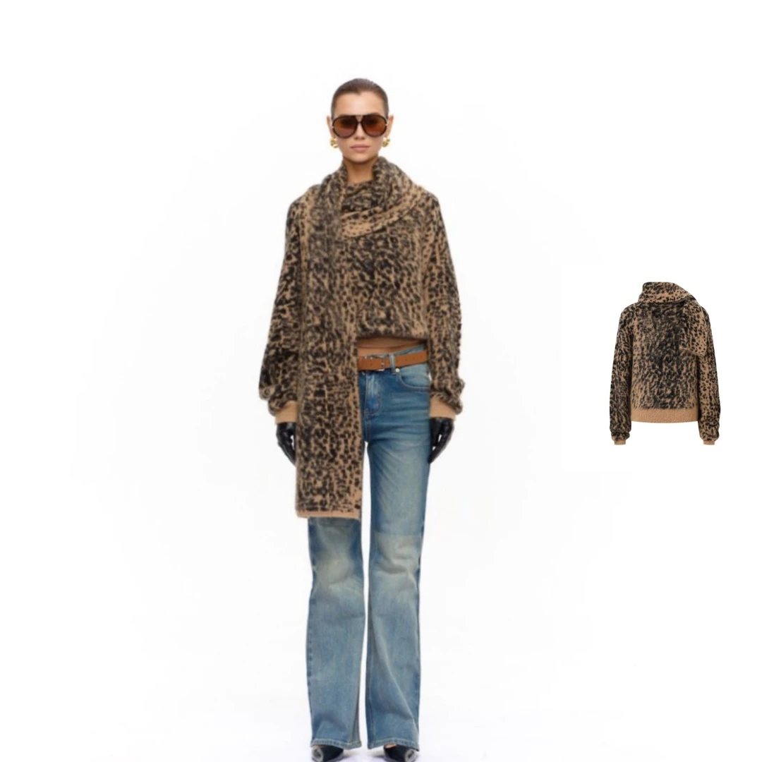 CNLEEWEI   25秋冬新品可拆围巾豹纹羊毛马海套头毛织上衣