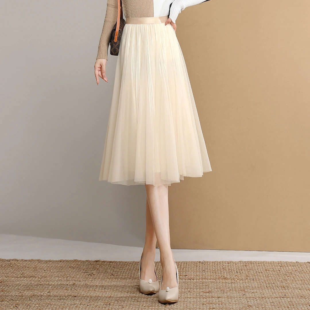 白鹿语时尚气质高腰细闪百褶裙正反两穿百搭网纱半身裙女HL10168