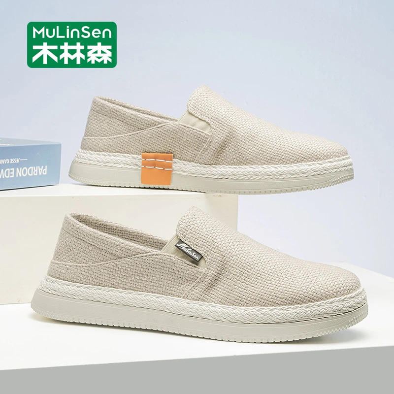 木林森布鞋男款休闲板鞋夏季透气一脚蹬亚麻渔夫鞋男老北京帆布鞋