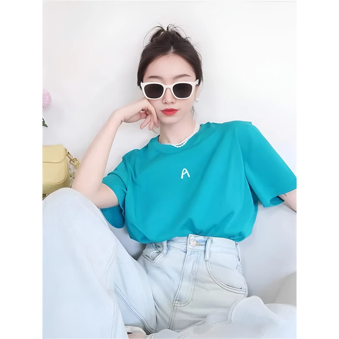 专柜撤回余单~韩版蓝色正肩短袖t恤女夏季独特设计感小众纯棉上衣