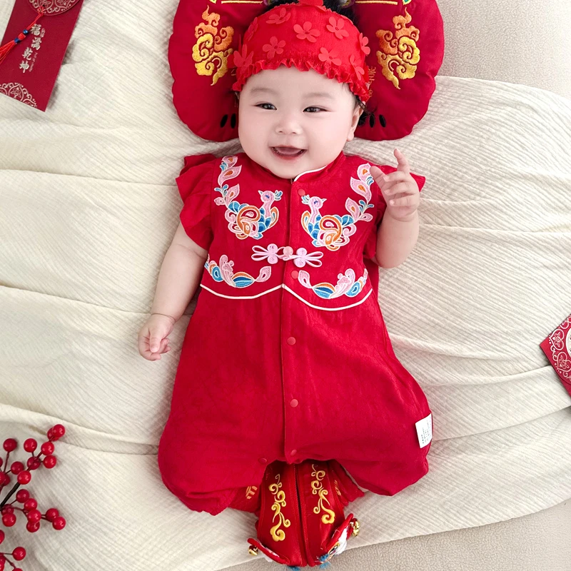 凤舞九天女宝连体衣婴儿夏季哈衣宝宝满月百天周岁服抓周服薄6290