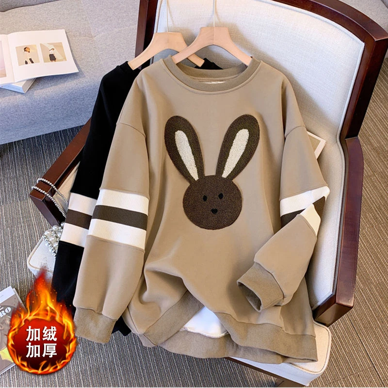 胖mm300斤特大码设计感撞色卫衣女秋冬宽松显瘦加绒刺绣套头上衣