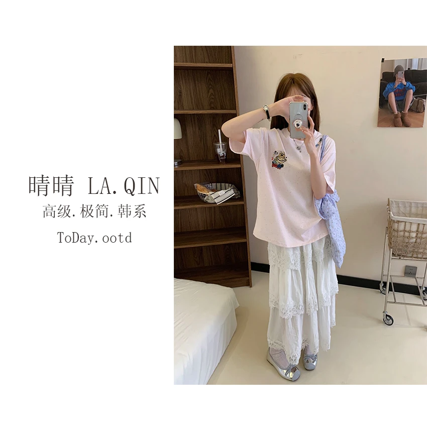 晴晴家-【多彩人生】夏季韩系休闲百搭潮流圆领刺绣彩点T恤5140