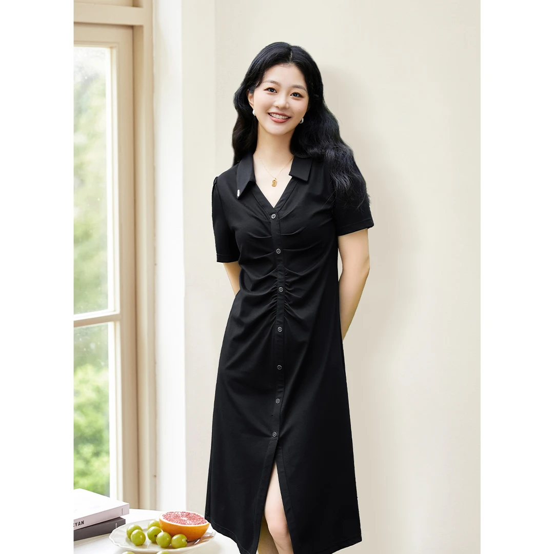 时然微胖大码女装2025夏季胖MM连衣裙显瘦抽褶翻领连衣裙7456