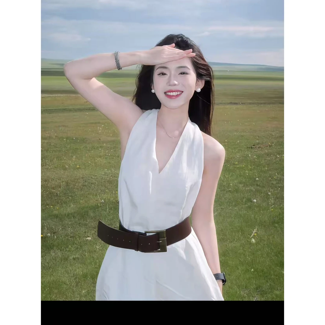 v领挂脖无袖连衣裙女夏季收腰显瘦气质高级感背心长裙简约时尚