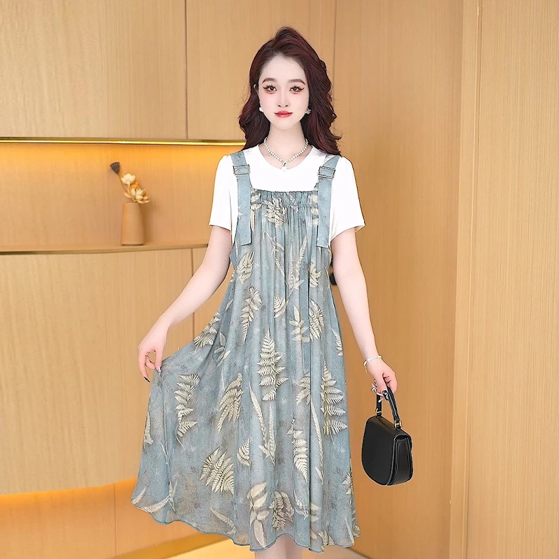 【现货连衣裙】夏季新款时尚休闲收腰显瘦减龄背带假两件女装连衣裙