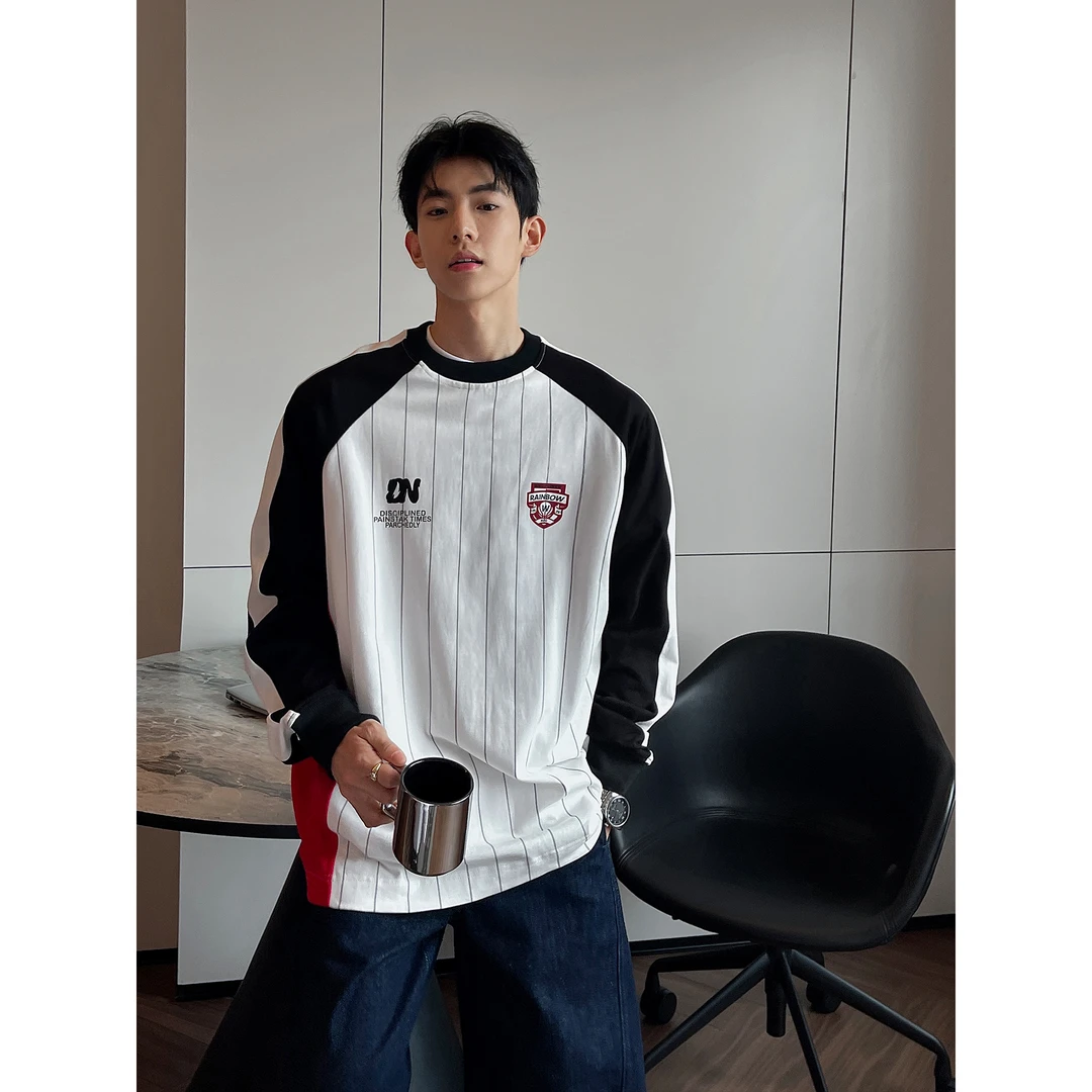 -EQME-美式复古撞色条纹拼接球衣长袖春秋运动插肩袖T恤上衣