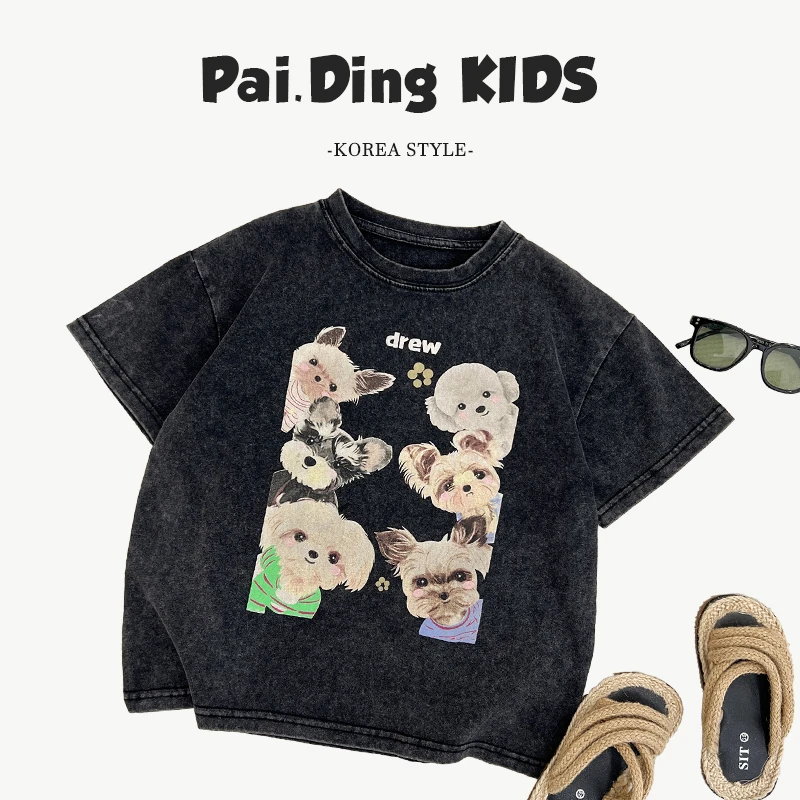 现【快乐小狗】阿卷夏装韩版短袖男女童卡通蜡染砂洗做旧T恤SJ5422