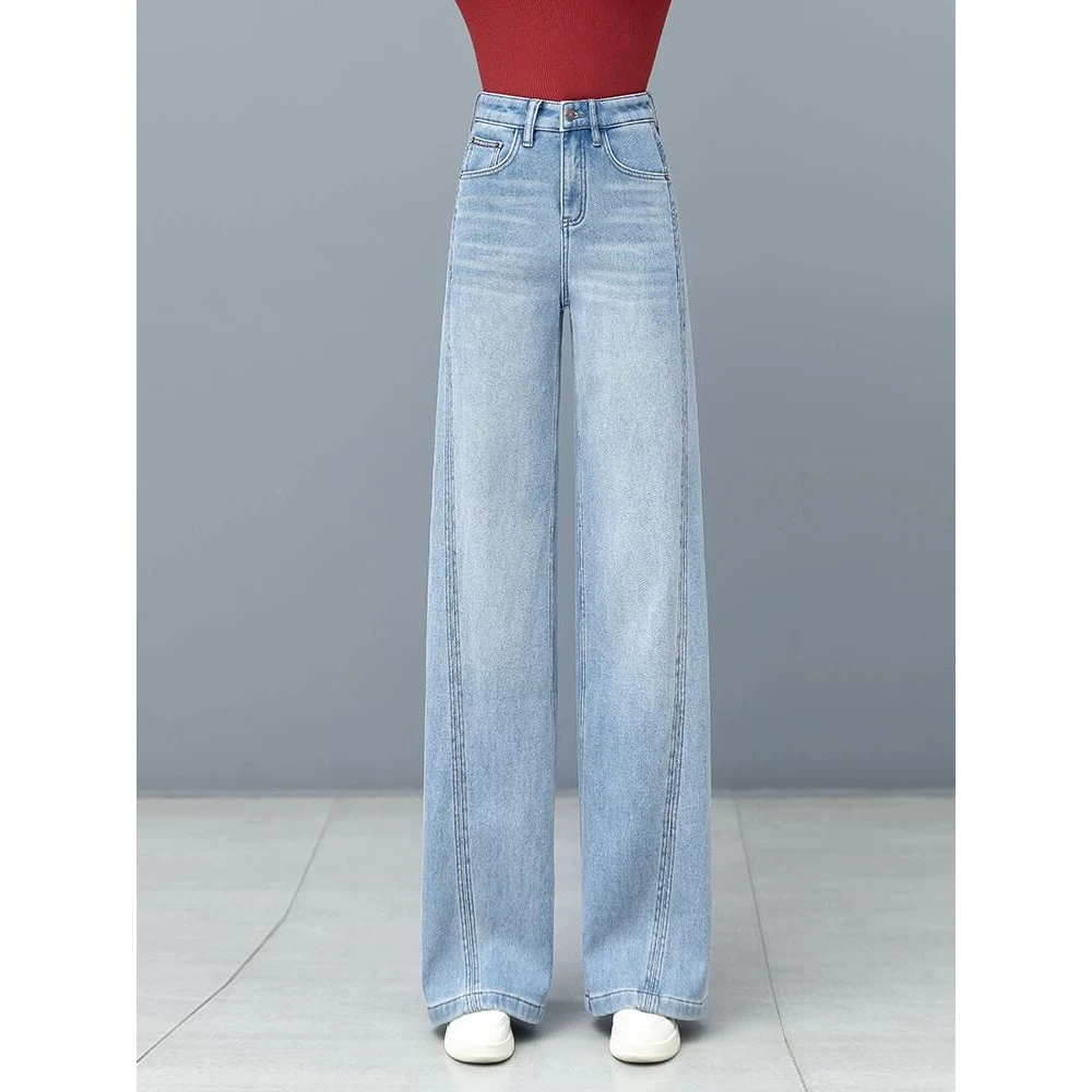 浅蓝色加绒阔腿牛仔裤女春秋季2025年新款高腰显瘦宽松直筒弯刀裤