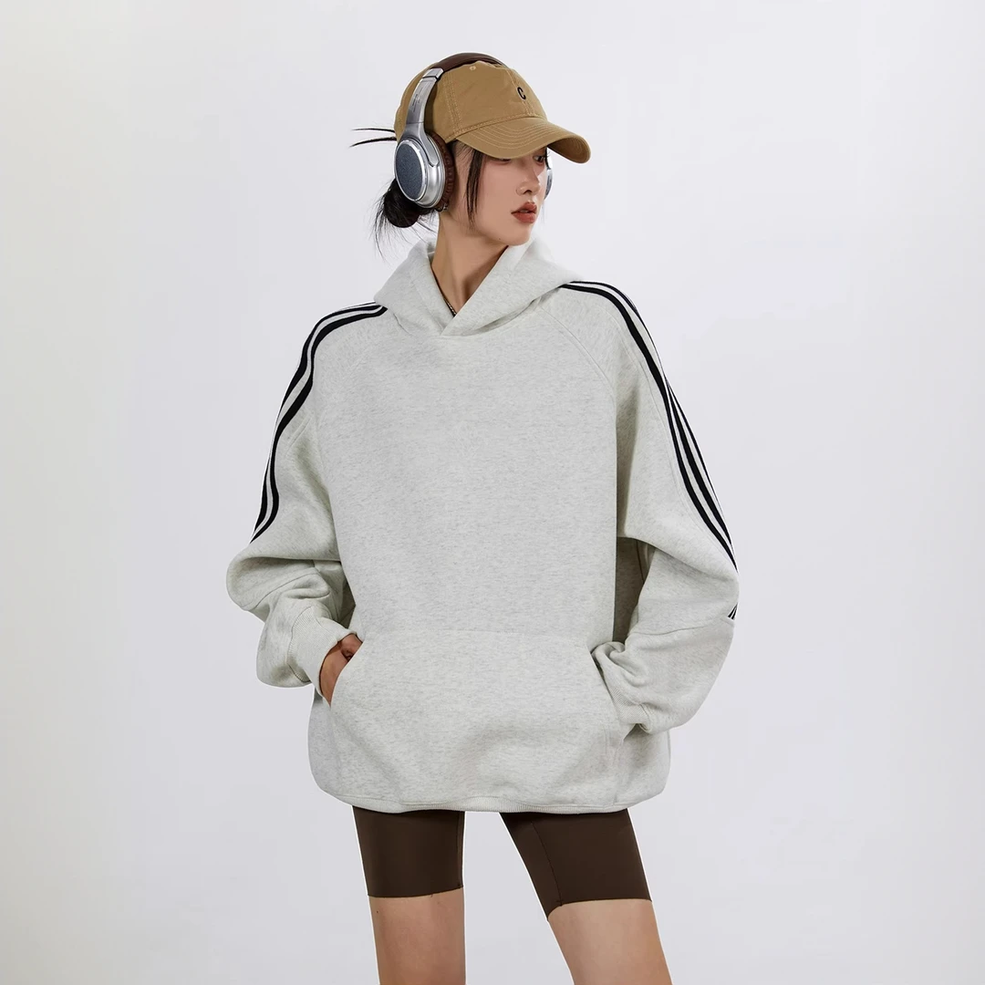 美式潮牌复古三条杠运动宽松日系连帽卫衣秋款上衣卫衣外套C5013