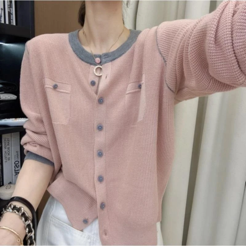 时尚拼色假口袋开衫」气质超绝！秋冬新款圆领宽松百搭穿搭毛衣外套